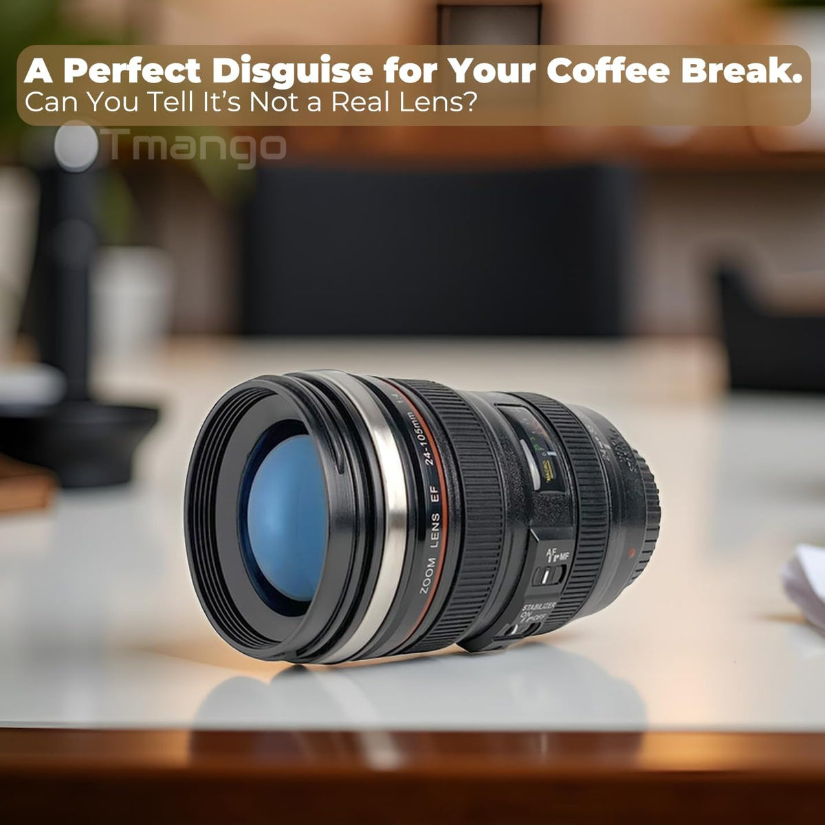 Camera Lens Coffee Mug with Slider Lid and Spoon– Realistic DSLR Thermos Cup, Novelty Gift for Photographers, Men & Women