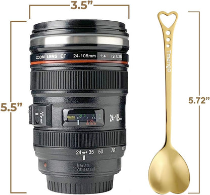 Camera Lens Coffee Mug with Slider Lid and Spoon– Realistic DSLR Thermos Cup, Novelty Gift for Photographers, Men & Women