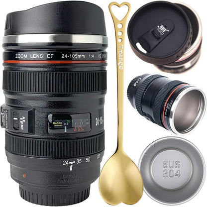 Camera Lens Coffee Mug with Slider Lid and Spoon– Realistic DSLR Thermos Cup, Novelty Gift for Photographers, Men & Women