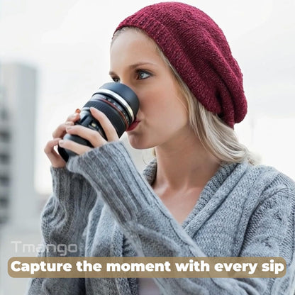 Camera Lens Coffee Mug with Slider Lid and Spoon– Realistic DSLR Thermos Cup, Novelty Gift for Photographers, Men & Women