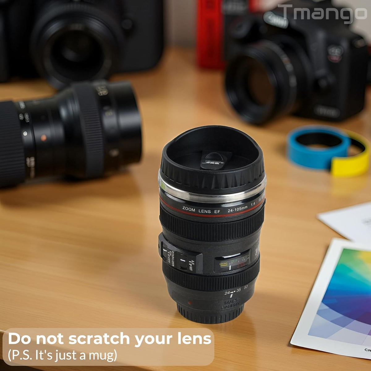 Camera Lens Coffee Mug with Slider Lid and Spoon– Realistic DSLR Thermos Cup, Novelty Gift for Photographers, Men & Women