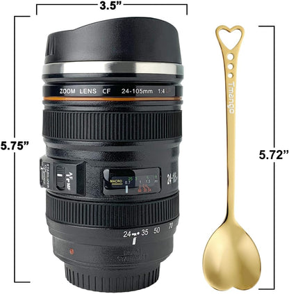 Camera Lens Coffee Mug with Slider Lid and Spoon– Realistic DSLR Thermos Cup, Novelty Gift for Photographers, Men & Women