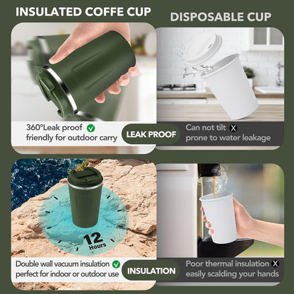 Volhoply 12 oz Double Wall Insulated Vacuum Travel Coffee Mugs with Flip Lid Bulk 2 Pack,Reusable Stainless Steel Leak Proof Coffee Cup,Portable Cafe Thermal Tumbler for Hot & Cold Drinks(Pink,2 Set)