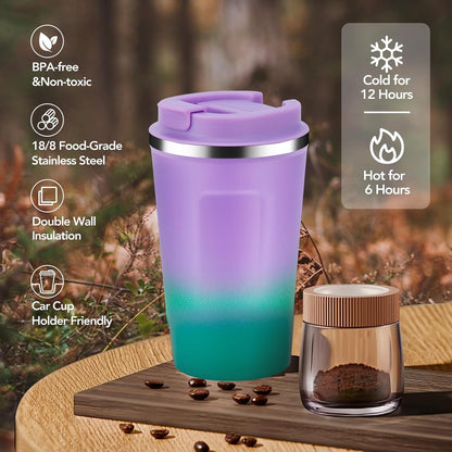 Volhoply 12 oz Double Wall Insulated Vacuum Travel Coffee Mugs with Flip Lid Bulk 2 Pack,Reusable Stainless Steel Leak Proof Coffee Cup,Portable Cafe Thermal Tumbler for Hot & Cold Drinks(Pink,2 Set)