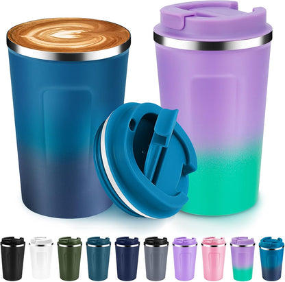 Volhoply 12 oz Double Wall Insulated Vacuum Travel Coffee Mugs with Flip Lid Bulk 2 Pack,Reusable Stainless Steel Leak Proof Coffee Cup,Portable Cafe Thermal Tumbler for Hot & Cold Drinks(Pink,2 Set)
