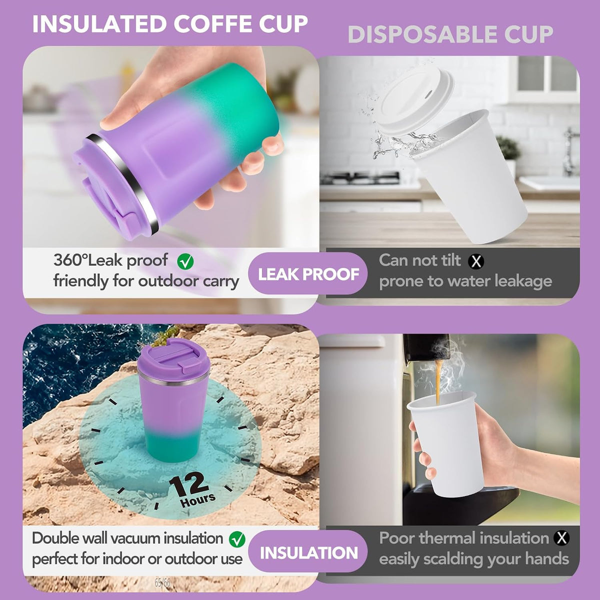Volhoply 12 oz Double Wall Insulated Vacuum Travel Coffee Mugs with Flip Lid Bulk 2 Pack,Reusable Stainless Steel Leak Proof Coffee Cup,Portable Cafe Thermal Tumbler for Hot & Cold Drinks(Pink,2 Set)