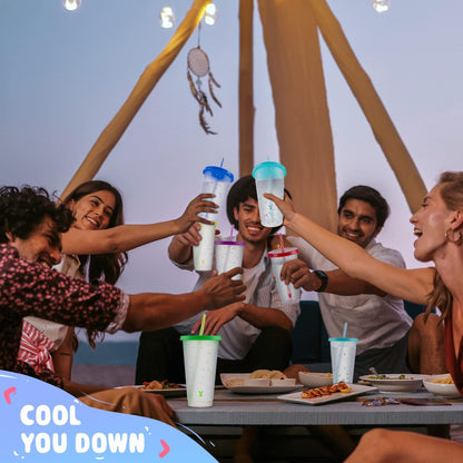 Confetti Color Changing Cups with Lids and Straws for Iced Coffee, Party, Pool - 6 Pack 24oz Reusable Plastic Tumblers for Kids and Adults