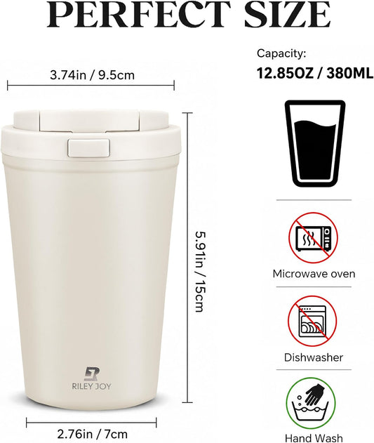 13oz Insulated Travel Coffee Mug, Hot & Iced Coffee Cups with Lids, White