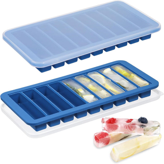 Nonstick Silicone 9 Ice Cubes Freezer Tray with Plastic Lid, 2-Pack Water Bottle Long Narrow Stick Ice Cube Mold Maker, Ideal for Sport Bottles, Cocktail and Whisky, Dishwasher Safe & BPA Free