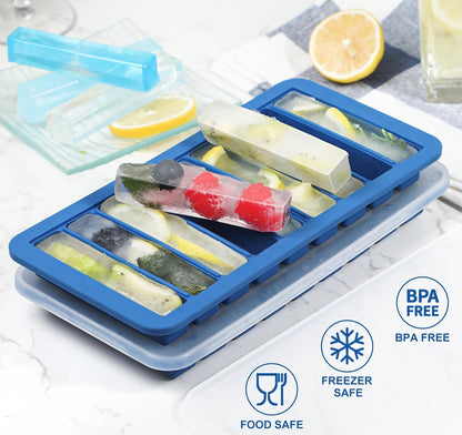 Nonstick Silicone 9 Ice Cubes Freezer Tray with Plastic Lid, 2-Pack Water Bottle Long Narrow Stick Ice Cube Mold Maker, Ideal for Sport Bottles, Cocktail and Whisky, Dishwasher Safe & BPA Free