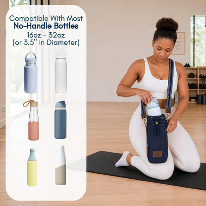 Water Bottle Holder with Strap & Pocket Fits 16 to 32 oz Bottles Crossbody Water Bottle Carrier for Women Canvas and Leather