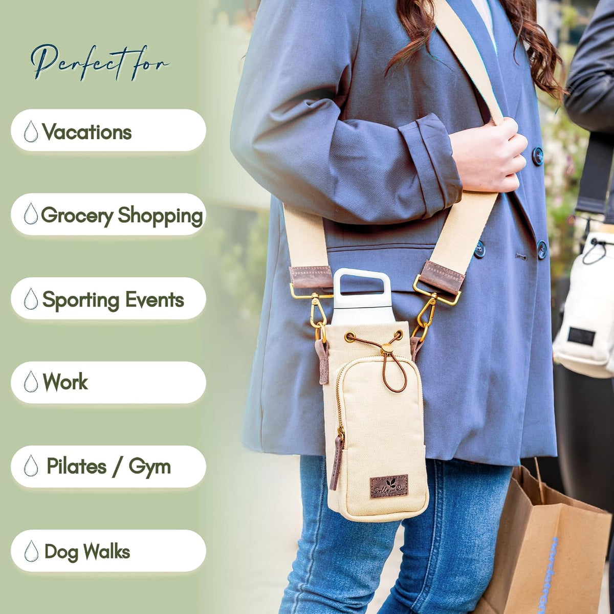 Water Bottle Holder with Strap & Pocket Fits 16 to 32 oz Bottles Crossbody Water Bottle Carrier for Women Canvas and Leather