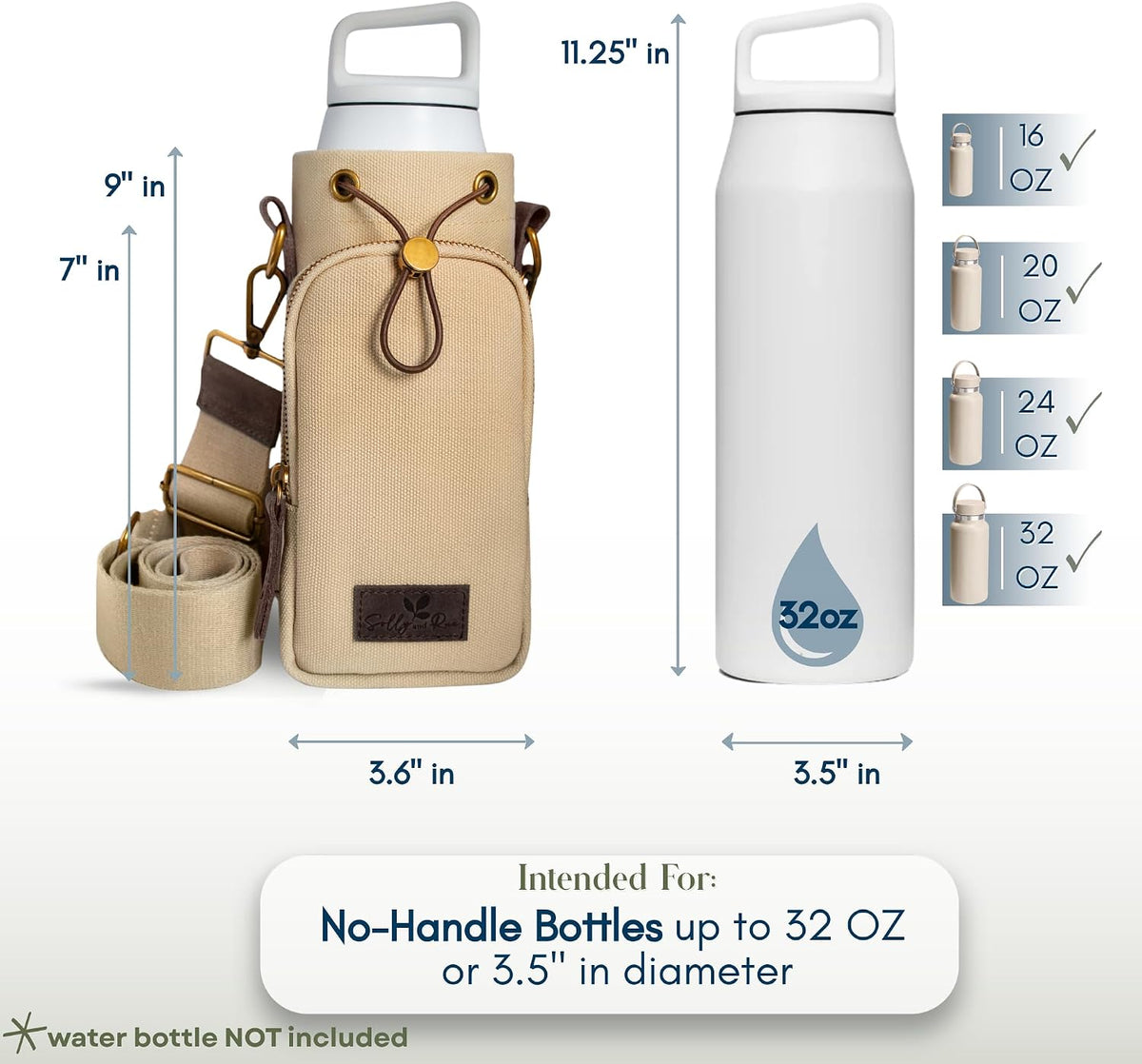 Water Bottle Holder with Strap & Pocket Fits 16 to 32 oz Bottles Crossbody Water Bottle Carrier for Women Canvas and Leather