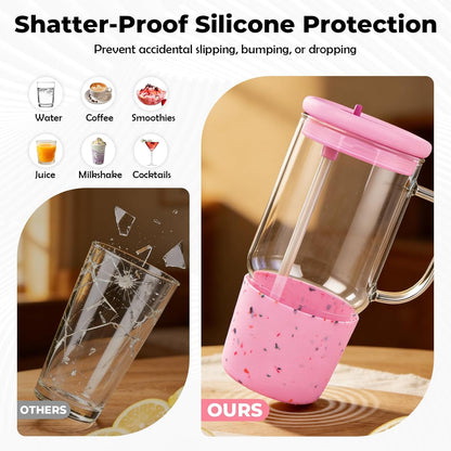 40oz Glass Tumbler with Straw and Lid, Glass Cup with Silicone Sleeve | Leakproof Lid, Fits Car Cup Holder Glass for Iced Coffee, Water, Cold Drinks, Travel, Outdoor, Partys&Home
