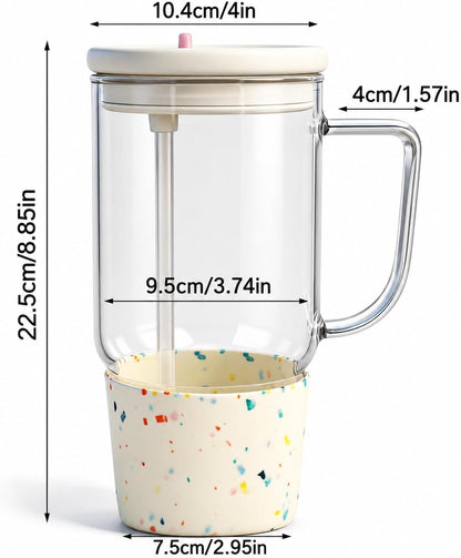 40oz Glass Tumbler with Straw and Lid, Glass Cup with Silicone Sleeve | Leakproof Lid, Fits Car Cup Holder Glass for Iced Coffee, Water, Cold Drinks, Travel, Outdoor, Partys&Home