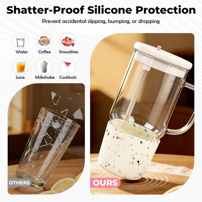 40oz Glass Tumbler with Straw and Lid, Glass Cup with Silicone Sleeve | Leakproof Lid, Fits Car Cup Holder Glass for Iced Coffee, Water, Cold Drinks, Travel, Outdoor, Partys&Home
