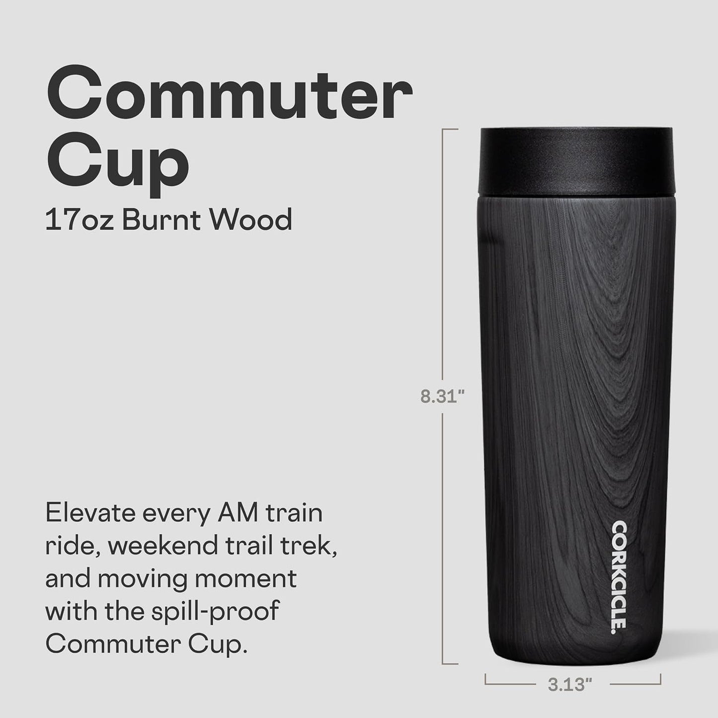 Commuter Cup Travel Mug - Insulated Coffee Mug with Lid - Keeps Drinks Cold 18 Hours - 360° Spill-Proof Sip Lid - Holiday Gift - Great for Gifting Warmth - 17 oz - Burnt Wood