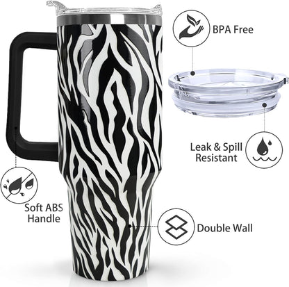 Ceovfoi 40 Oz Leopard & Zebra Print Tumbler With Handle, Lid & Straw - Insulated Travel Coffee Mug Water Bottle, Animal Print Gifts for Women Men