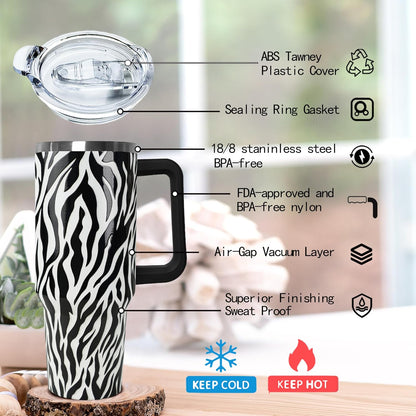 Ceovfoi 40 Oz Leopard & Zebra Print Tumbler With Handle, Lid & Straw - Insulated Travel Coffee Mug Water Bottle, Animal Print Gifts for Women Men