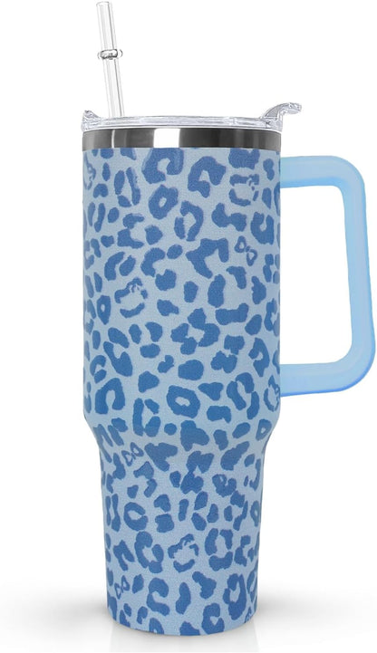 Ceovfoi 40 Oz Leopard & Zebra Print Tumbler With Handle, Lid & Straw - Insulated Travel Coffee Mug Water Bottle, Animal Print Gifts for Women Men