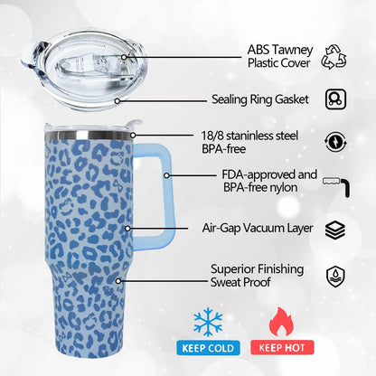 Ceovfoi 40 Oz Leopard & Zebra Print Tumbler With Handle, Lid & Straw - Insulated Travel Coffee Mug Water Bottle, Animal Print Gifts for Women Men