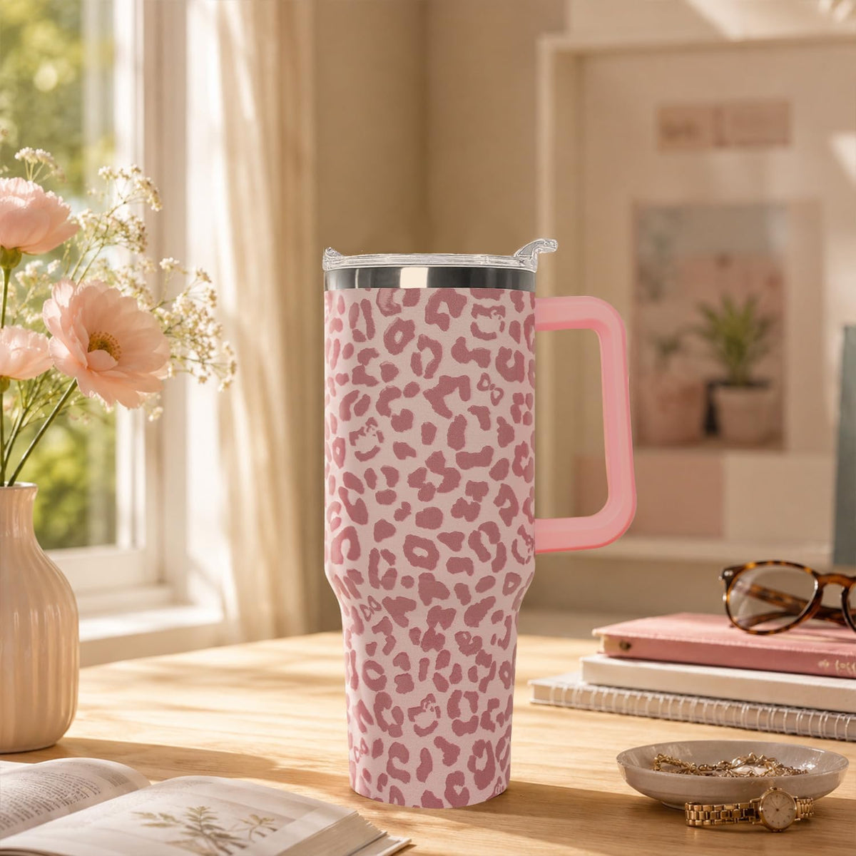Ceovfoi 40 Oz Leopard & Zebra Print Tumbler With Handle, Lid & Straw - Insulated Travel Coffee Mug Water Bottle, Animal Print Gifts for Women Men