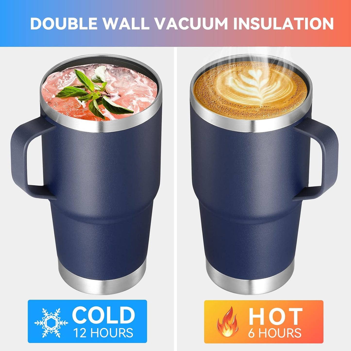 20 oz Tumbler with Handle Lid and Straw, Stainless Steel Insulated Travel Coffee Mug Spill Proof Double Wall Metal Tumbler Cup Keeps Drink Hot and Cold, Navy Blue 1 Pack