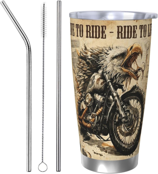 Motorcycle Gifts for Men, 20oz Insulated Coffee Mug, Vintage Live to Ride Design, Biker Dad Husband Birthday Present, American Cruiser Decor for Office Home