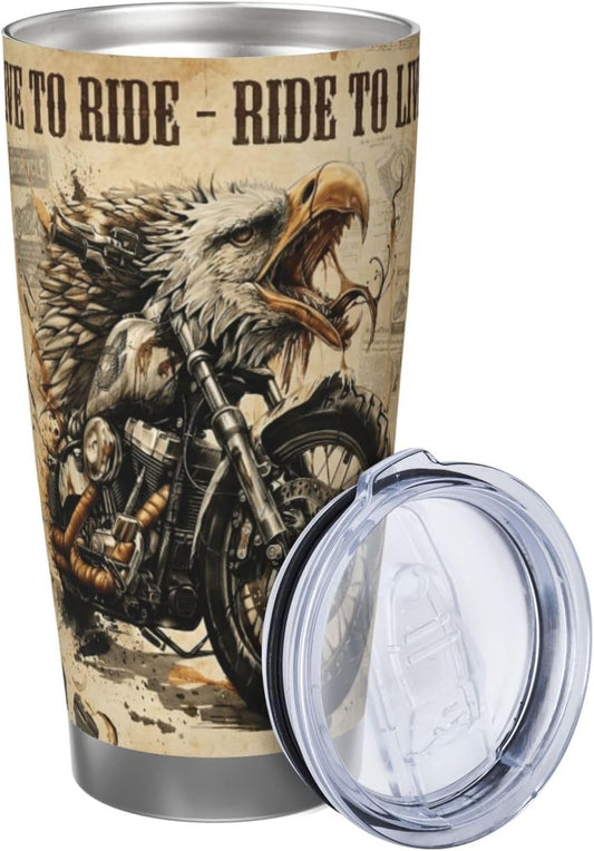 Motorcycle Gifts for Men, 20oz Insulated Coffee Mug, Vintage Live to Ride Design, Biker Dad Husband Birthday Present, American Cruiser Decor for Office Home