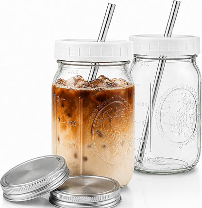 Reusable Wide Mouth Smoothie Boba Tea Cups Bubble Tea Cups with Lids and Silver Straws Mason Jars Glass Cups (2-pack, 32 oz mason jars)