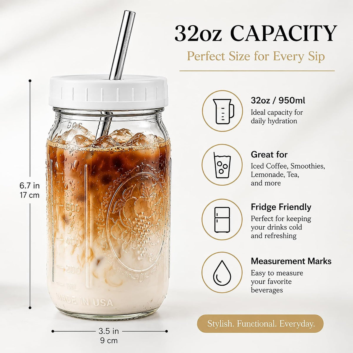Reusable Wide Mouth Smoothie Boba Tea Cups Bubble Tea Cups with Lids and Silver Straws Mason Jars Glass Cups (2-pack, 32 oz mason jars)