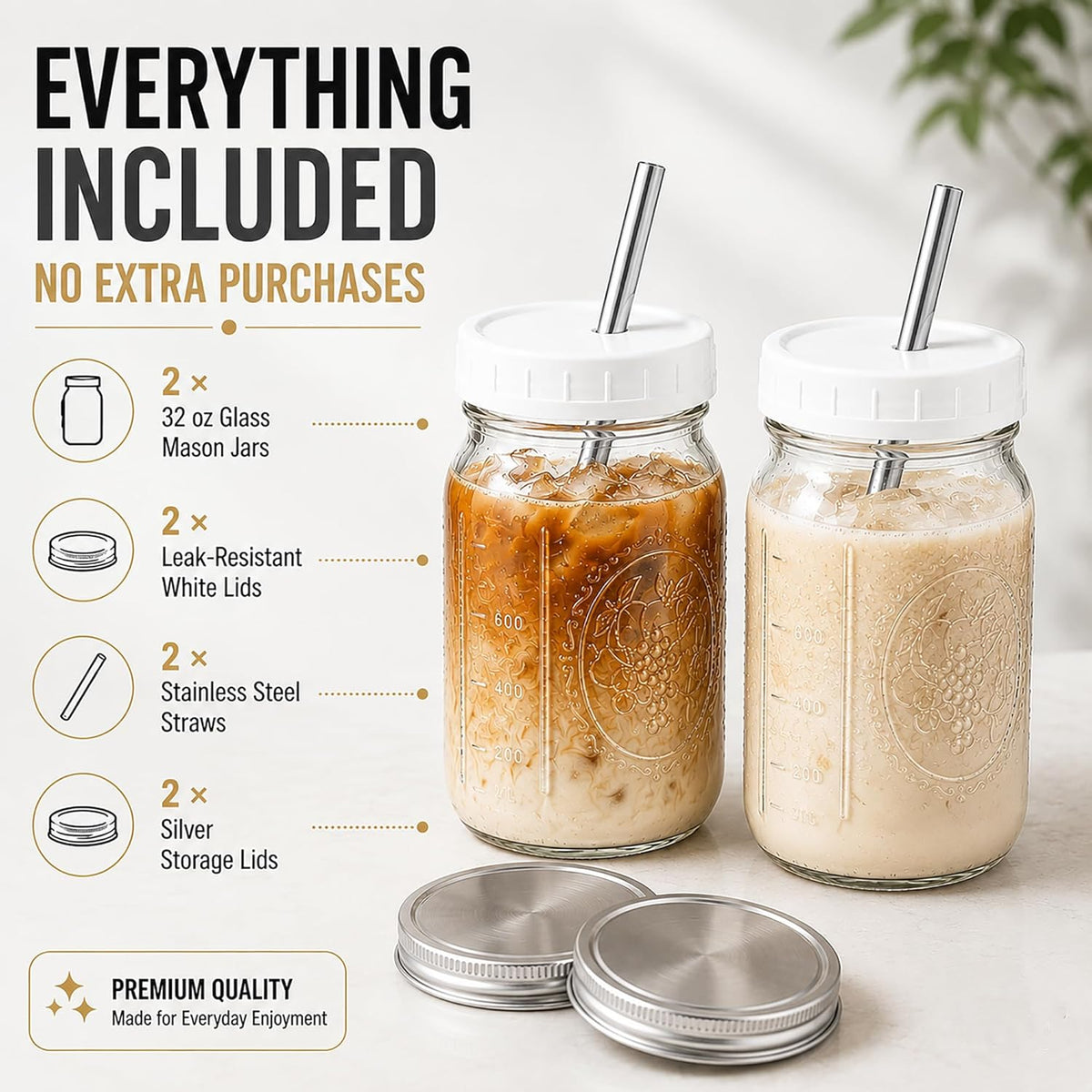 Reusable Wide Mouth Smoothie Boba Tea Cups Bubble Tea Cups with Lids and Silver Straws Mason Jars Glass Cups (2-pack, 32 oz mason jars)