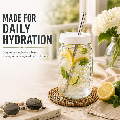 Reusable Wide Mouth Smoothie Boba Tea Cups Bubble Tea Cups with Lids and Silver Straws Mason Jars Glass Cups (2-pack, 32 oz mason jars)