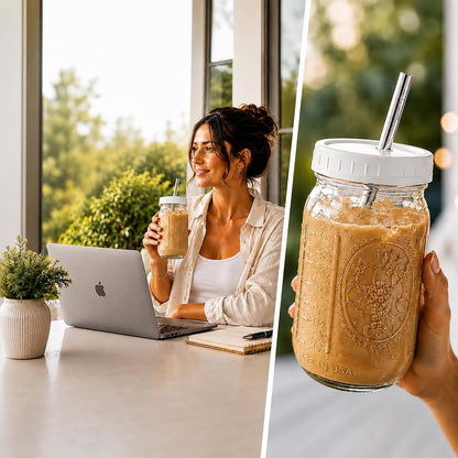 Reusable Wide Mouth Smoothie Boba Tea Cups Bubble Tea Cups with Lids and Silver Straws Mason Jars Glass Cups (2-pack, 32 oz mason jars)