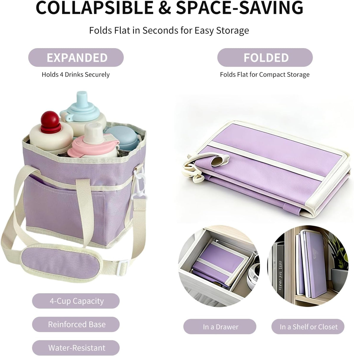 Insulated Drink Carrier Bag, 4 Compartment Leakproof Drink Tote with Divider, Reusable Beverage Carrier for Coffee, Delivery, Car Travel & Picnic