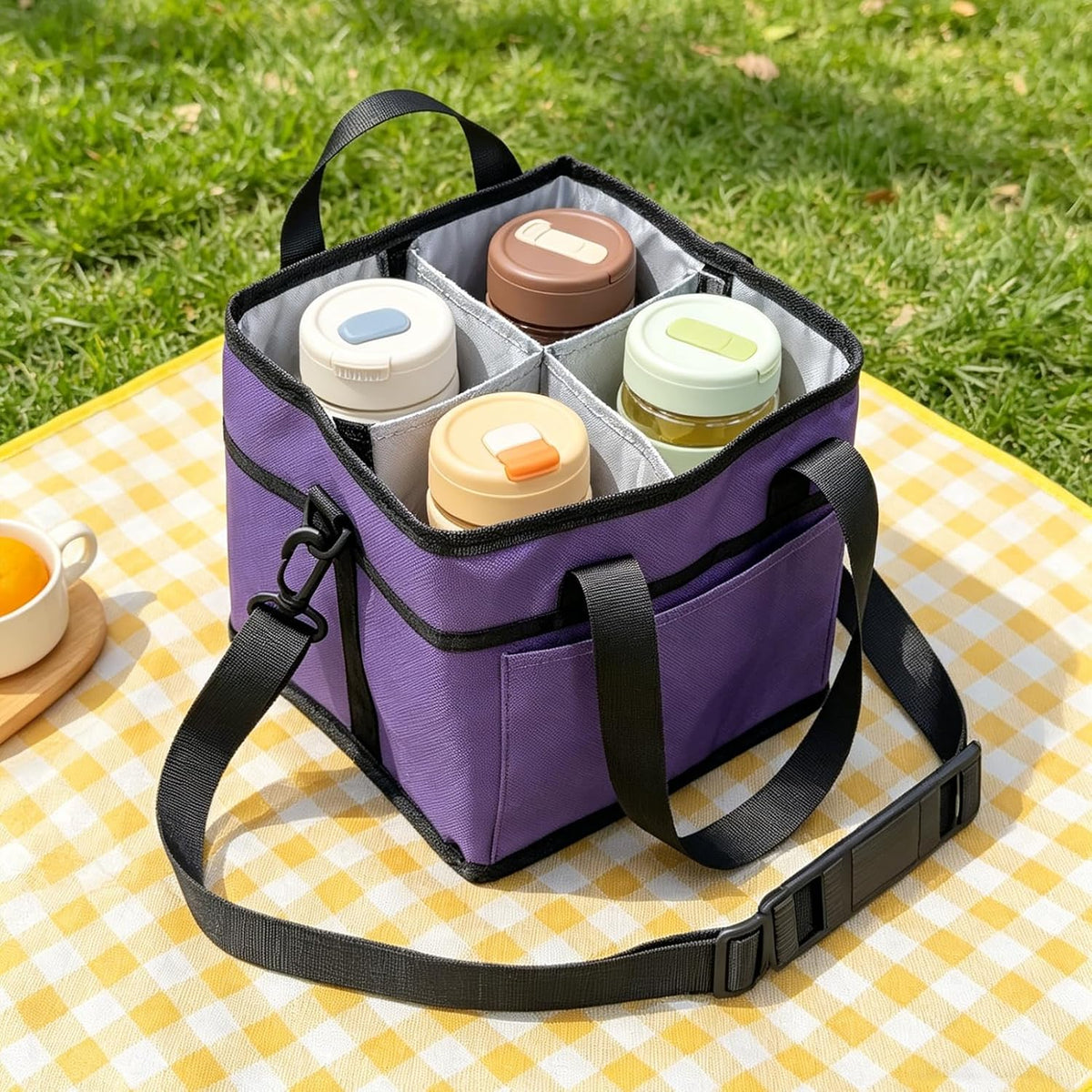 Insulated Drink Carrier Bag, 4 Compartment Leakproof Drink Tote with Divider, Reusable Beverage Carrier for Coffee, Delivery, Car Travel & Picnic