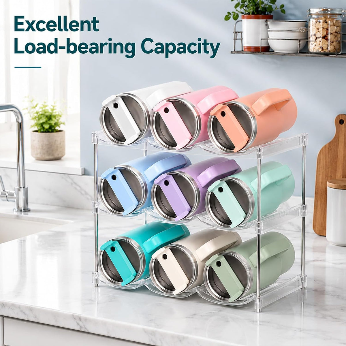 Stackable Water Bottle Organizer for Stanley 40 oz Tumbler, Large Compartment Water Bottle Holder for Cabinet, Clear Tumbler Organizer for Kitchen Countertop Pantry