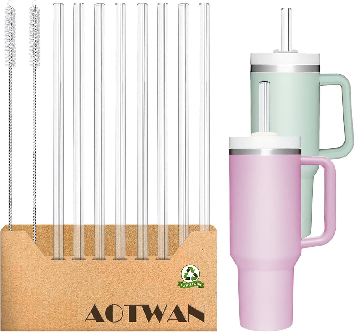 Glass Straws for Stanley 8pcs 40/30 oz Tumbler,12inch Replacement Straw for Stanley 4 Straight and 4 Bent with 2 Brushesh,Reusable Glass Straws for Stanley Cup