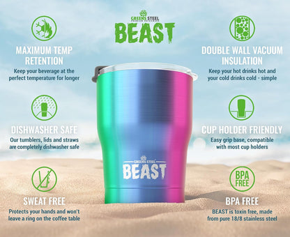 Beast 40 oz tumbler - Vacuum Insulated Tumbler with Straw - Leak Proof Stainless Steel Travel Mug - Double Wall Iced Coffee Cup - Reusable Water Bottle - Gifts for Mom, Women and Men (Rainbow)