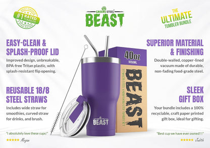 Beast 40 oz tumbler - Vacuum Insulated Tumbler with Straw - Leak Proof Stainless Steel Travel Mug - Double Wall Iced Coffee Cup - Reusable Water Bottle - Gifts for Mom, Women and Men (Rainbow)