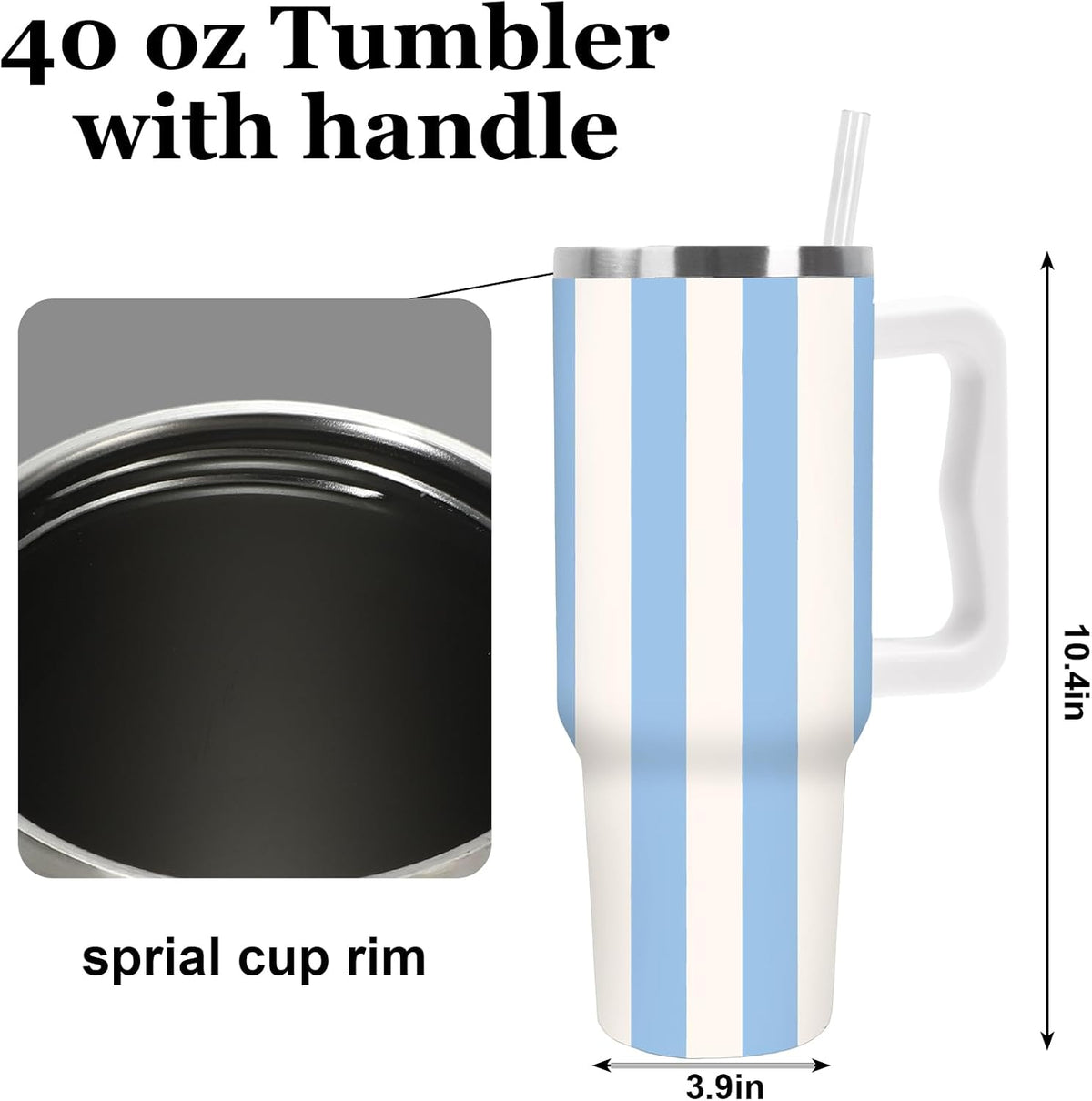 Summer Striped Tumbler with Handle, Blue & Beige, 40 oz | Stainless Steel, Insulated Cup, Travel Mug, with Lid and Straw, Coastal Beach Theme, Large, for Car Office Home Use