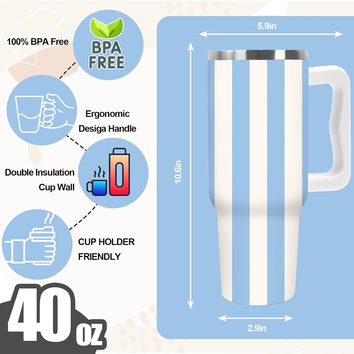 Summer Striped Tumbler with Handle, Blue & Beige, 40 oz | Stainless Steel, Insulated Cup, Travel Mug, with Lid and Straw, Coastal Beach Theme, Large, for Car Office Home Use