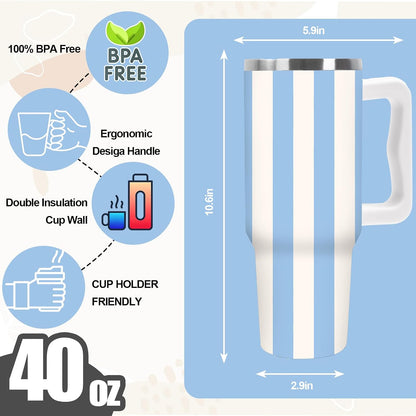 Summer Striped Tumbler with Handle, Blue & Beige, 40 oz | Stainless Steel, Insulated Cup, Travel Mug, with Lid and Straw, Coastal Beach Theme, Large, for Car Office Home Use