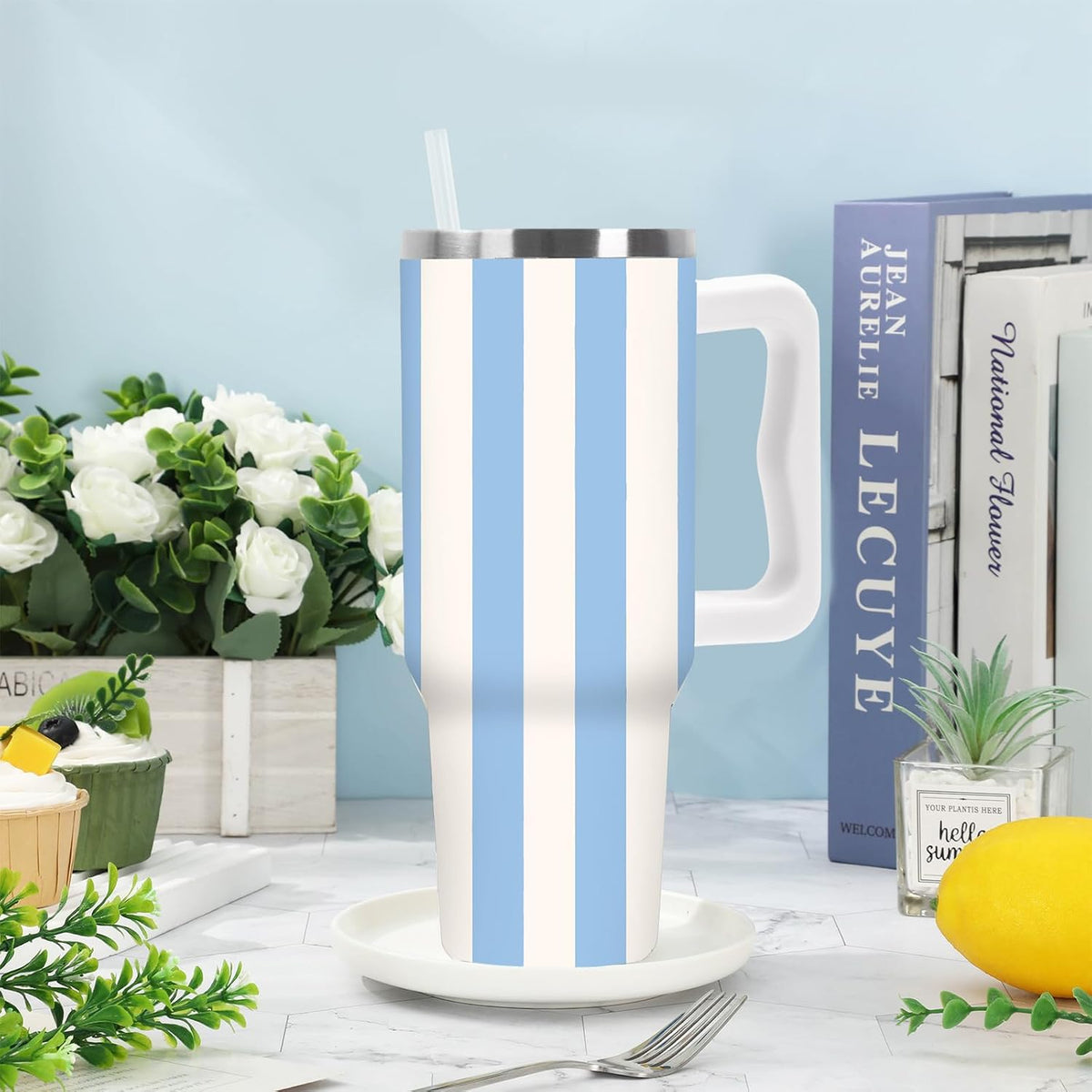 Summer Striped Tumbler with Handle, Blue & Beige, 40 oz | Stainless Steel, Insulated Cup, Travel Mug, with Lid and Straw, Coastal Beach Theme, Large, for Car Office Home Use
