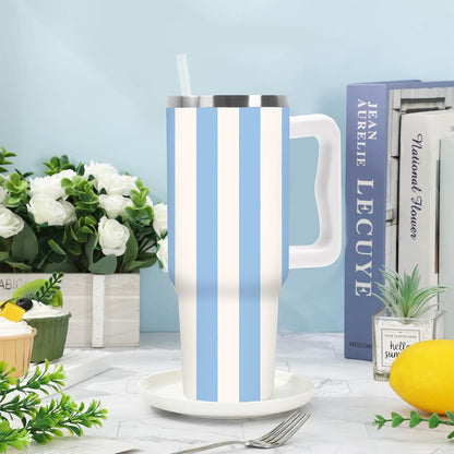 Summer Striped Tumbler with Handle, Blue & Beige, 40 oz | Stainless Steel, Insulated Cup, Travel Mug, with Lid and Straw, Coastal Beach Theme, Large, for Car Office Home Use