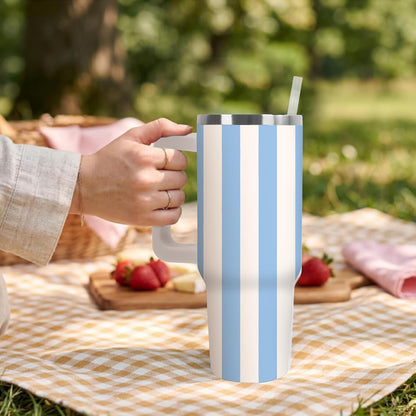 Summer Striped Tumbler with Handle, Blue & Beige, 40 oz | Stainless Steel, Insulated Cup, Travel Mug, with Lid and Straw, Coastal Beach Theme, Large, for Car Office Home Use