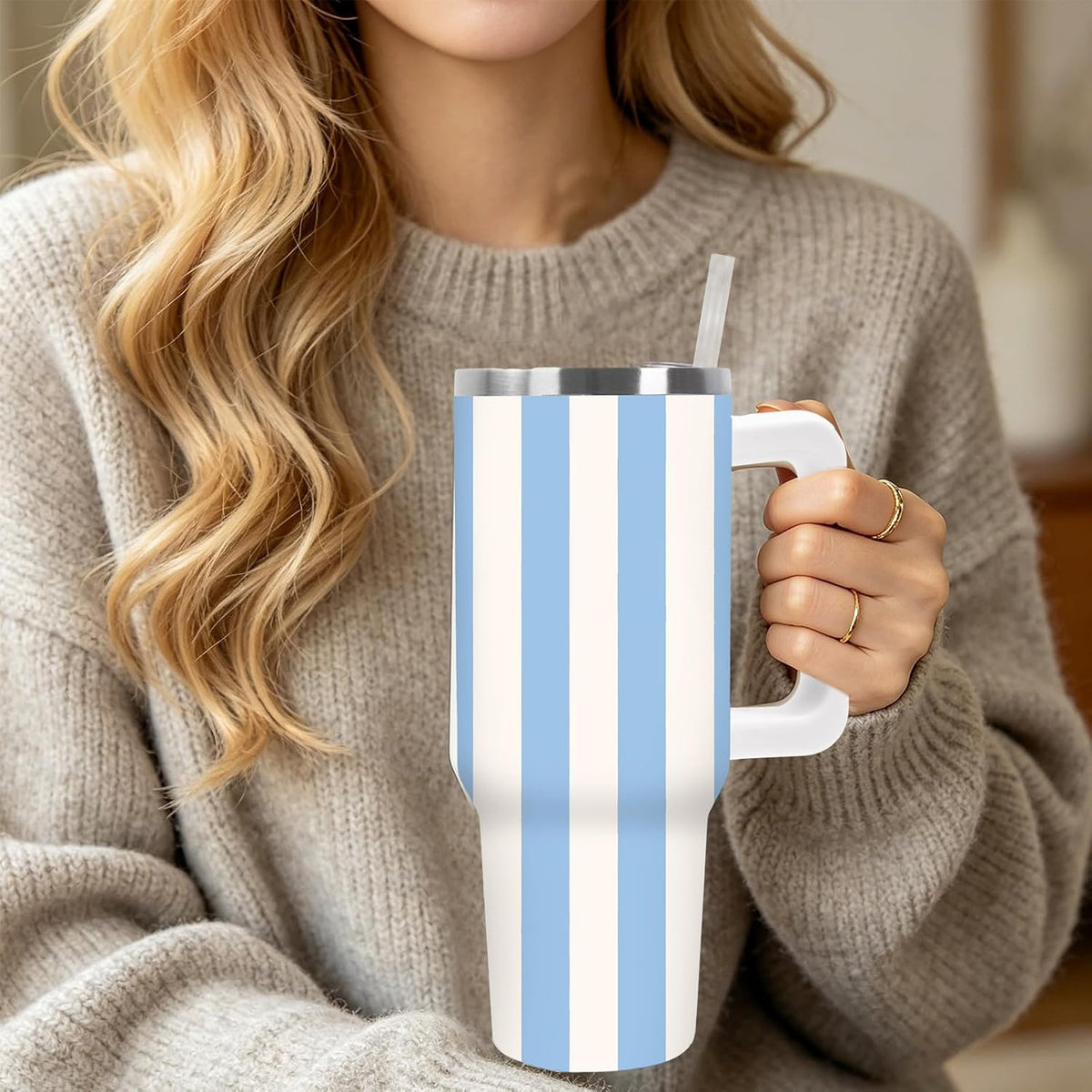 Summer Striped Tumbler with Handle, Blue & Beige, 40 oz | Stainless Steel, Insulated Cup, Travel Mug, with Lid and Straw, Coastal Beach Theme, Large, for Car Office Home Use