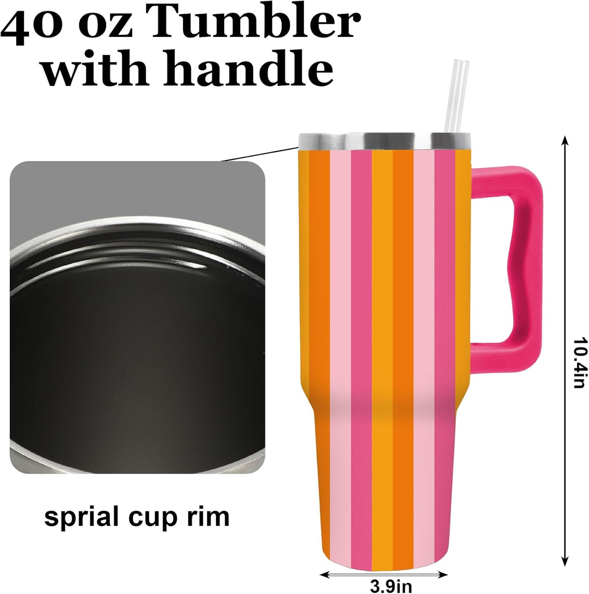 Summer Striped Tumbler with Handle, Blue & Beige, 40 oz | Stainless Steel, Insulated Cup, Travel Mug, with Lid and Straw, Coastal Beach Theme, Large, for Car Office Home Use