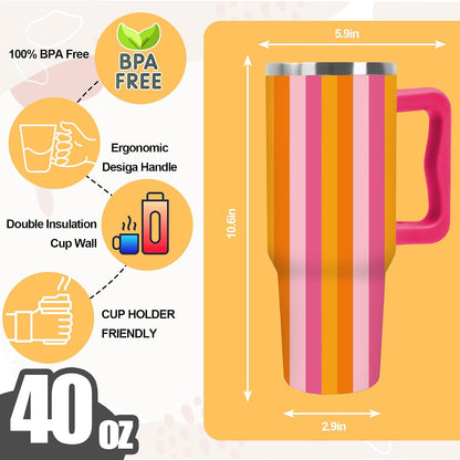 Summer Striped Tumbler with Handle, Blue & Beige, 40 oz | Stainless Steel, Insulated Cup, Travel Mug, with Lid and Straw, Coastal Beach Theme, Large, for Car Office Home Use