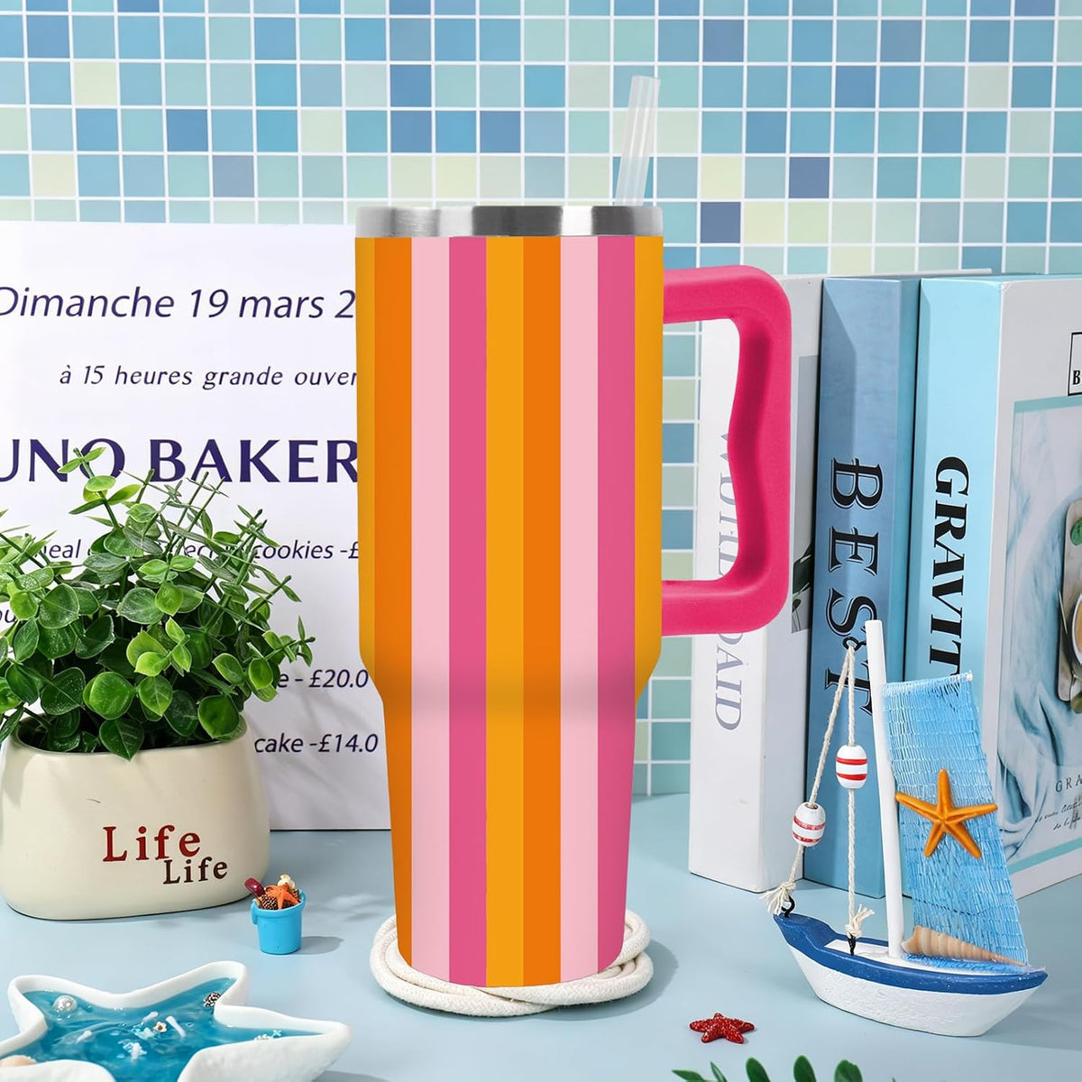 Summer Striped Tumbler with Handle, Blue & Beige, 40 oz | Stainless Steel, Insulated Cup, Travel Mug, with Lid and Straw, Coastal Beach Theme, Large, for Car Office Home Use